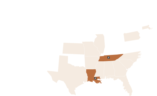 Map of the united states of america showing the following highlighted states: Alabama Arkansas Georgia Kansas Louisiana Mississippi Florida Illinois Missouri North Carolina Pennsylvania South Carolina Tennessee Texas Massachusetts. Louisiana and Tennessee are starred